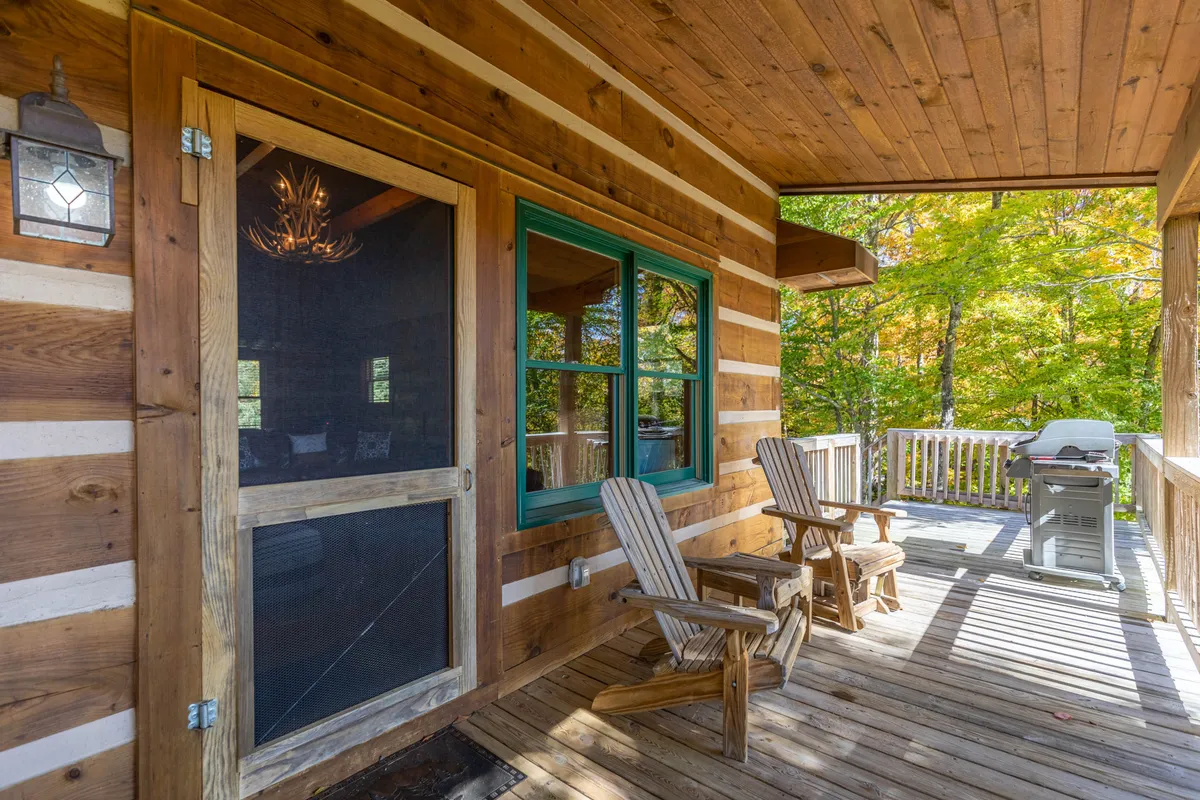 A cozy view of the log cabin's porch featuring Adirondack chairs and an outdoor grill, set against lush greenery. The seating area is staged for relaxation, with hints of stargazing and barbecuing under the open sky.