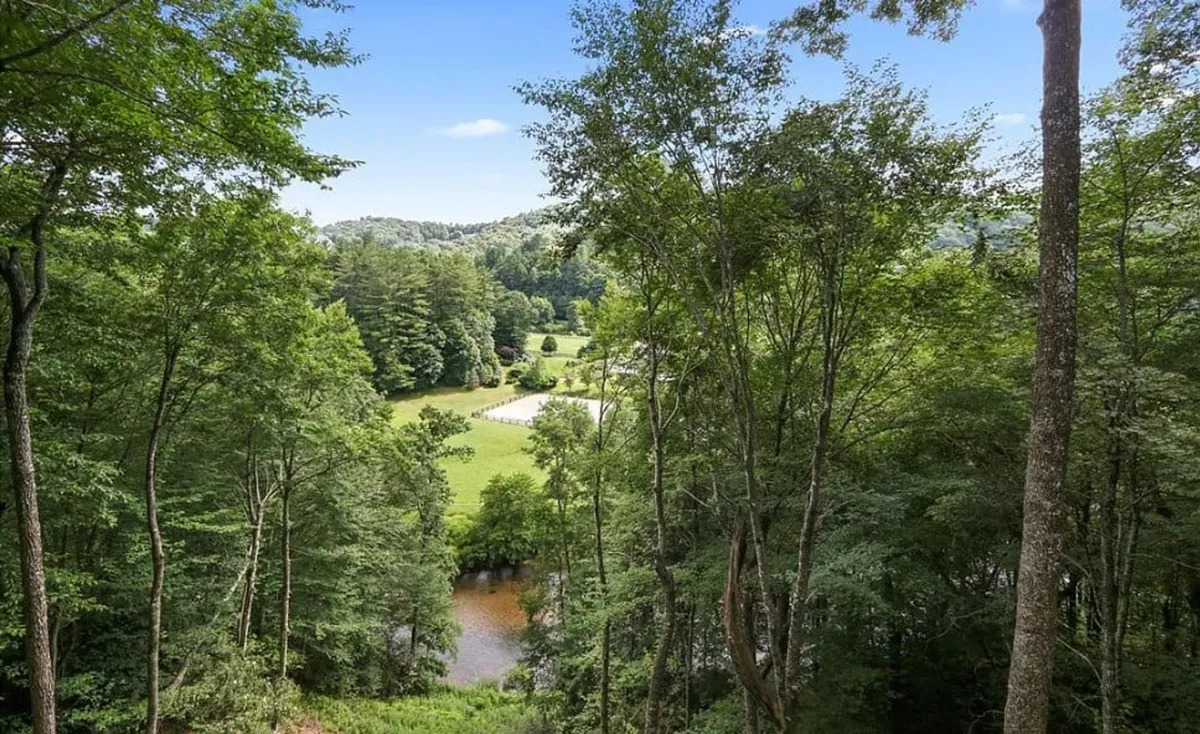 A panoramic view of lush green trees, open fields, a winding river, and distant mountain ranges. The vista embodies the serene and expansive feel of the area, suggesting endless possibilities for exploration and group activities in nature.