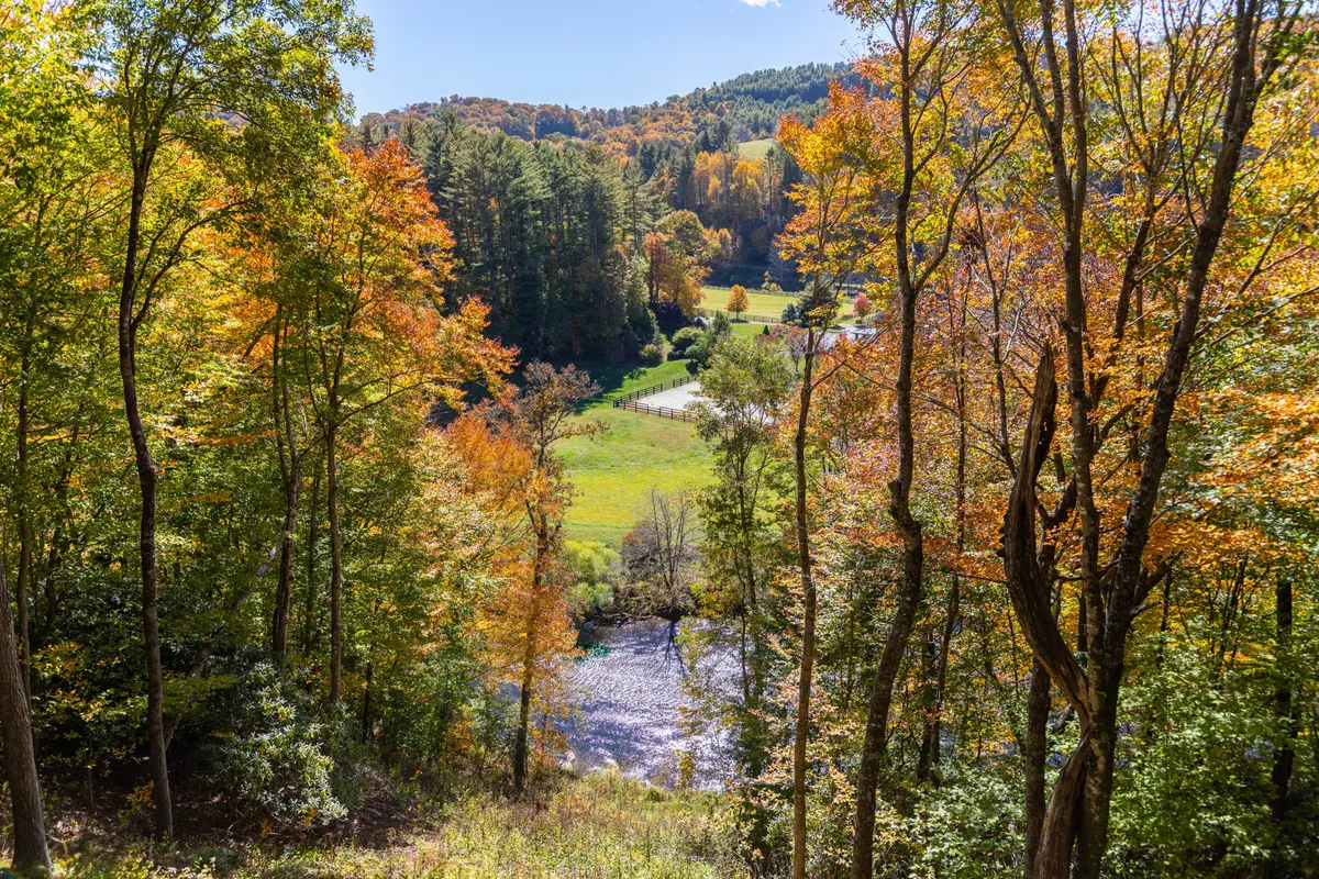 A stunning view of the river winding through rolling hills, framed by vibrant autumn foliage. The landscape is alive with color, creating an inviting scene for hiking, picnicking, and nature photography.
